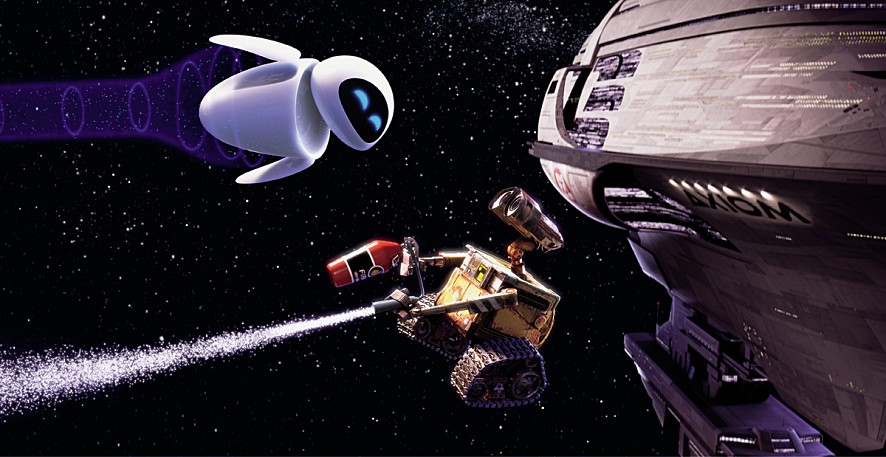 애니메이션 ‘월-E’의 스틸 이미지로, 엑시엄호가 떠 있는 우주공간을 배경으로 식물 탐사 로봇 '이브'와 '월-E'가 함께 유영하고 있다. 자체 하늘을 날 수 없는 '월-E' 소화기를 엔진 삼아 날아가고 있다.